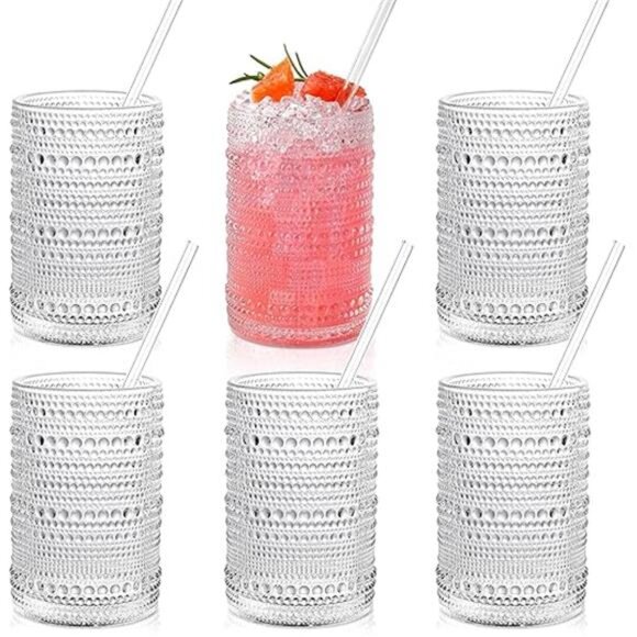 Drinking Glasses with Straws 15oz Vintage Glassware Set of 6 - Picture 7 of 7